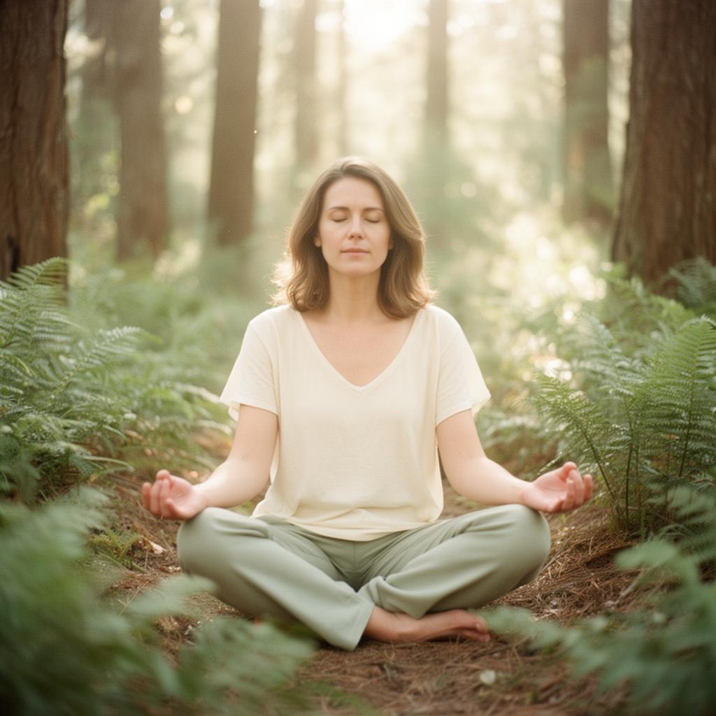 Woman meditating peacefully in a sunlit forest surrounded by ferns